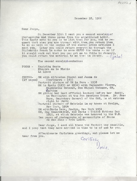 [Carta] 1966 Dec. 18, Pound Ridge, New York, [EE.UU.] [a] Dear Jorge Vélez, Santiago, Chile