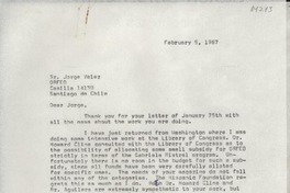 [Carta] 1967 Feb. 5, Hack Green Road, Pound Ridge, N. Y., [EE.UU.] [al] Sr. Jorge Vélez, Orfeo, Santiago, Chile