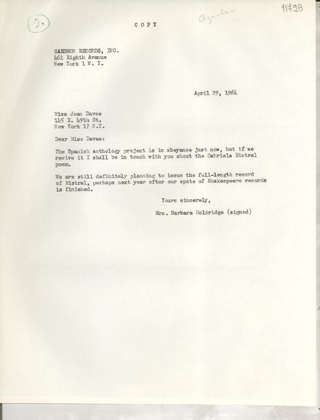[Carta] 1964 Apr. 28, New York, [Estados Unidos] [a] Miss Joan Daves, New York