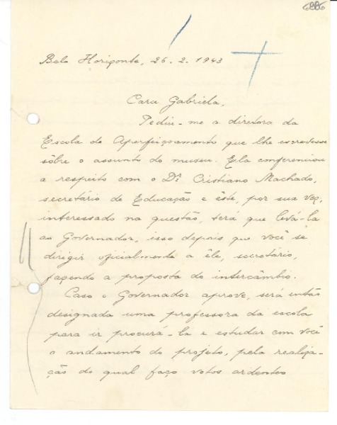 [Carta] 1943 feb. 26, Belo Horizonte, [Brasil] [a] Gabriela Mistral