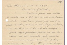 [Carta] 1944 jun. 20, Belo Horizonte, [Brasil] [a] Gabriela Mistral