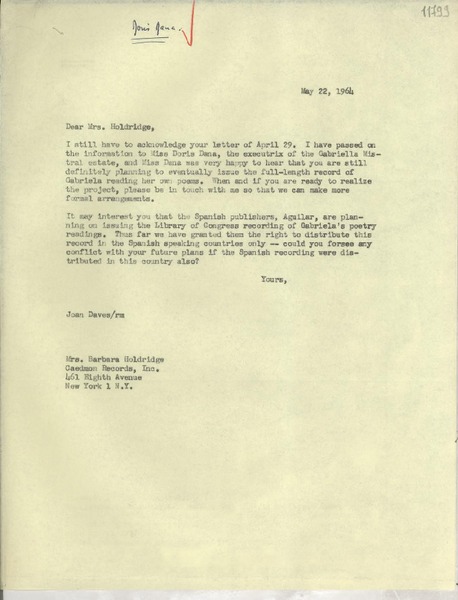[Carta] 1964 May 22, [Estados Unidos] [a] Mrs. Barbara Holdridge, Caedmon Records, inc., 461 Eighth Ave., New York