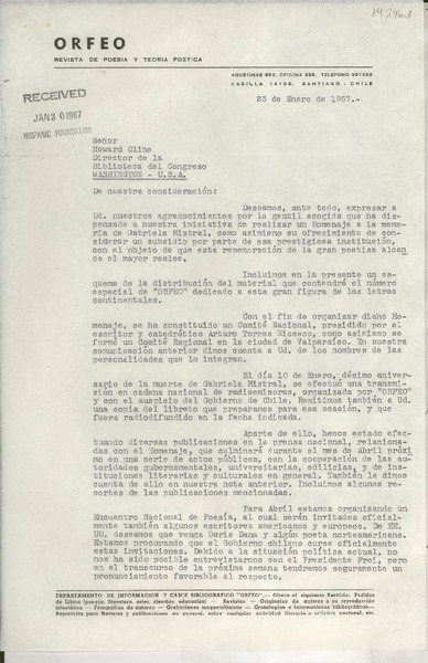 [Carta] 1967 ene. 23, Santiago, Chile [al] Señor Howard Cline, Director de la Biblioteca del Congreso, Washington, U.S.A.
