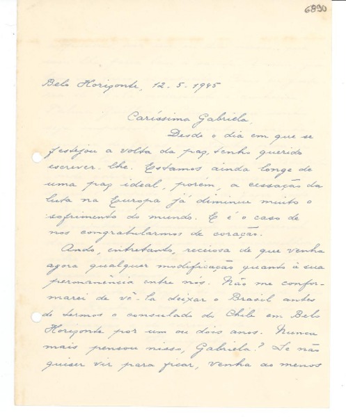 [Carta] 1945 mayo 12, Belo Horizonte, [Brasil] [a] Gabriela Mistral