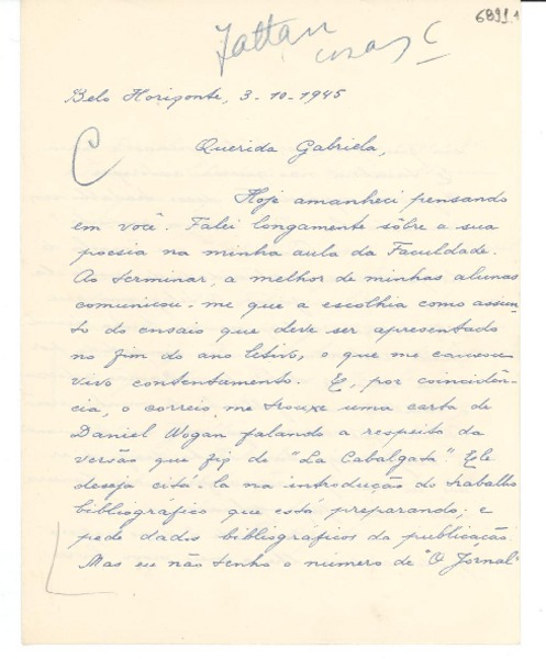 [Carta] 1945 oct. 3, Belo Horizonte, [Brasil] [a] Gabriela Mistral