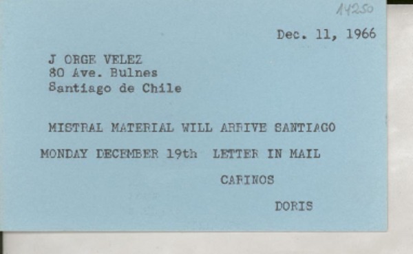 [Tarjeta] 1966 Dec. 11 [a] Jorge Vélez, 80 Ave. Bulnes, Santiago de Chile