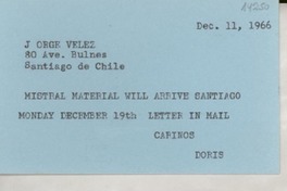 [Tarjeta] 1966 Dec. 11 [a] Jorge Vélez, 80 Ave. Bulnes, Santiago de Chile