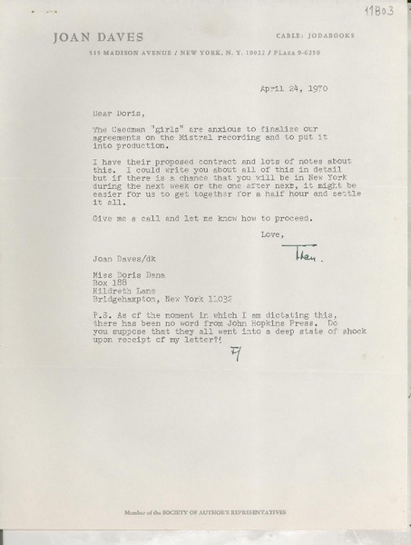 [Carta] 1970 Apr. 24, [New York, Estados Unidos] [a] Miss Doris Dana, Box 188, Hildreth Lane, Bridgehampton, New York