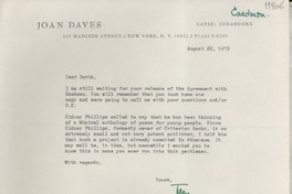 [Carta] 1972 Aug. 22, [New York, Estados Unidos] [a] Ms. Doris Dana, Box 188, Hildreth Lane, Bridgehampton, New York
