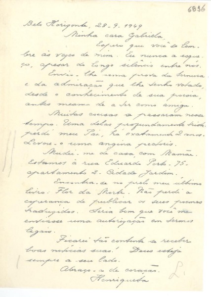 [Carta] 1949 sept. 28, Belo Horizonte, [Brasil] [a] Gabriela Mistral