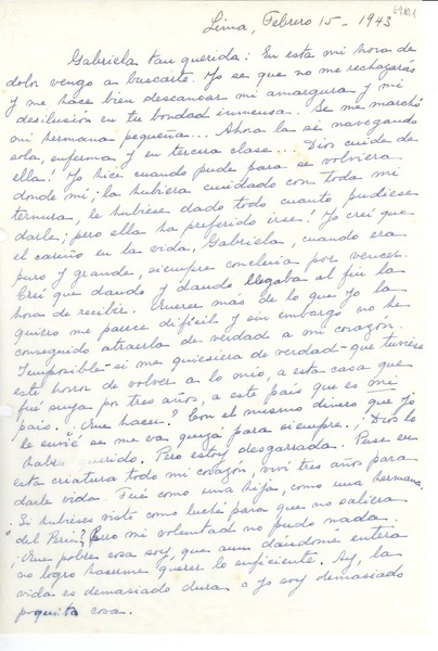 [Carta] 1943 feb. 15, Lima, [Perú] [a] Gabriela [Mistral]