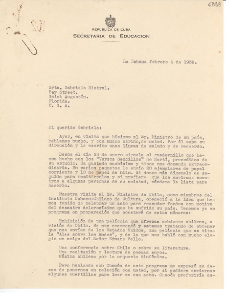 [Carta] 1939 feb. 4, La Habana [a] Gabriela Mistral, Florida, U.S.A.