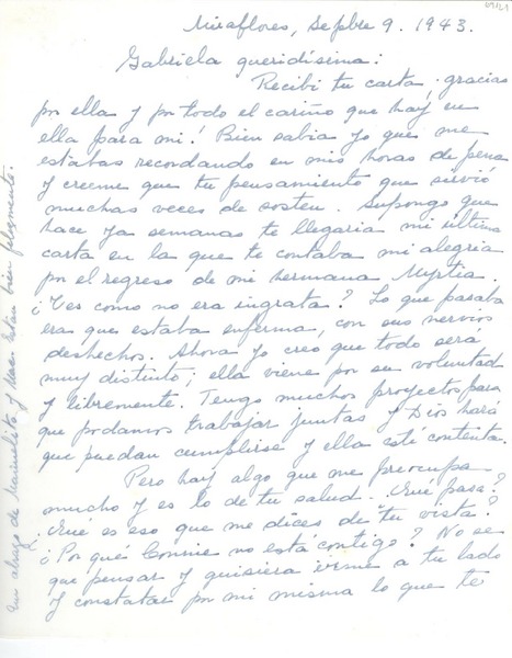 [Carta] 1943 sept. 9, Miraflores, [Perú] [a] Gabriela [Mistral]