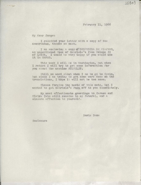 [Carta] 1966 Feb. 11, [Estados Unidos] [a] My dear Jorge