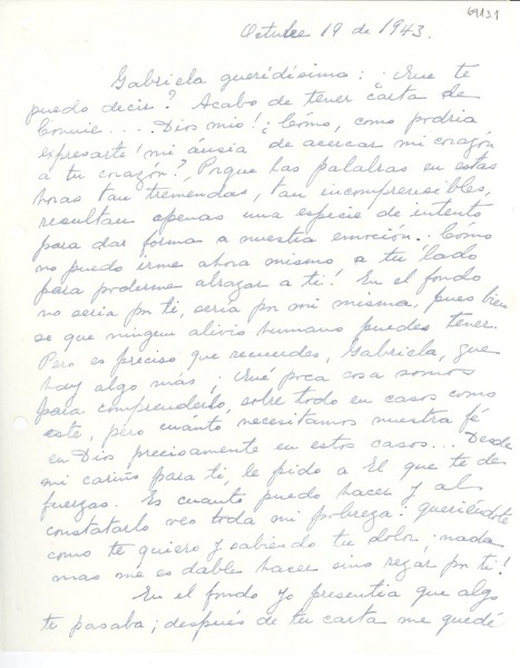 [Carta] 1943 oct. 19, [Perú] [a] Gabriela [Mistral]