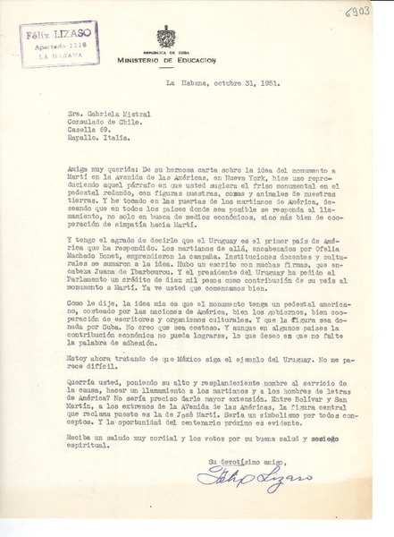 [Carta] 1951 oct. 31, La Habana [a] Gabriela Mistral, Rapallo, Italia
