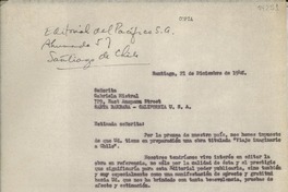 [Carta] 1948 dic. 21, Santiago, [Chile] [a] Señorita Gabriela Mistral, Santa Barbara, California U.S.A.