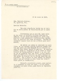 [Carta] 1939 ene. 25, San Juan, Puerto Rico [a] Gabriela Mistral, St. Agustine, Fla.