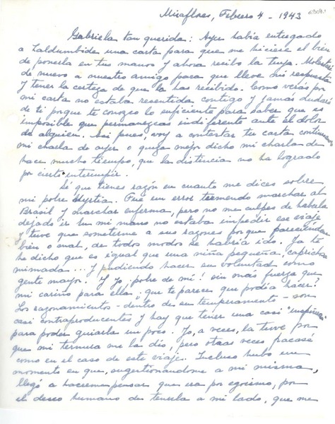 [Carta] 1943 feb. 4, Miraflores, [Perú] [a] Gabriela Mistral
