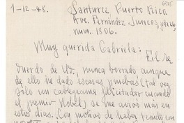 [Carta] 1948 dic. 1, Santurce, Puerto Rico [a] Gabriela [Mistral], [Santa Bárbara, EE.UU.]