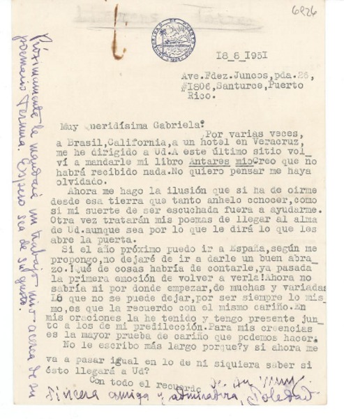 [Carta] 1951 ago. 18, Santurce, Puerto Rico [a] Gabriela [Mistral]