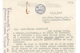 [Carta] 1951 ago. 18, Santurce, Puerto Rico [a] Gabriela [Mistral]