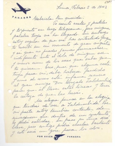 [Carta] 1943 feb. 2, Lima, [Perú] [a] Gabriela Mistral