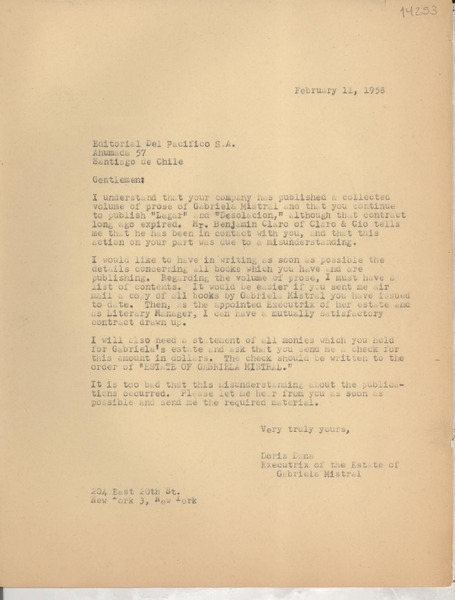 [Carta] 1958 Feb. 11, [Estados Unidos] [a] Editorial del Pacífico S. A., Santiago de Chile