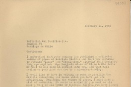 [Carta] 1958 Feb. 11, [Estados Unidos] [a] Editorial del Pacífico S. A., Santiago de Chile