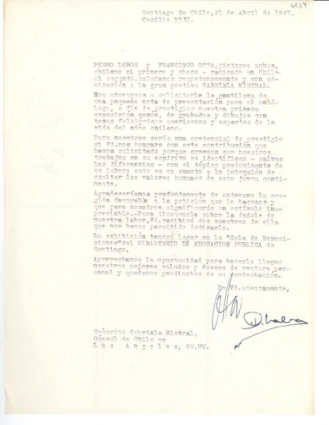 [Carta] 1947 abr. 21, Santiago, Chile [a] Gabriela Mistral, Los Angeles, EE.UU.