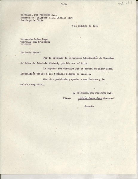 [Carta] 1959 oct. 9, Santiago de Chile [a] Reverendo Padre Puga, Convento San Francisco