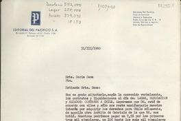 [Carta] 1960 mar. 31, [Santiago de Chile] [a] Srta. Doris Dana