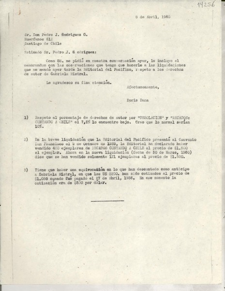 [Carta] 1960 abr. 8 [a] Sr. Don Pedro J. Rodríguez, Huerfanos 812, Santiago de Chile