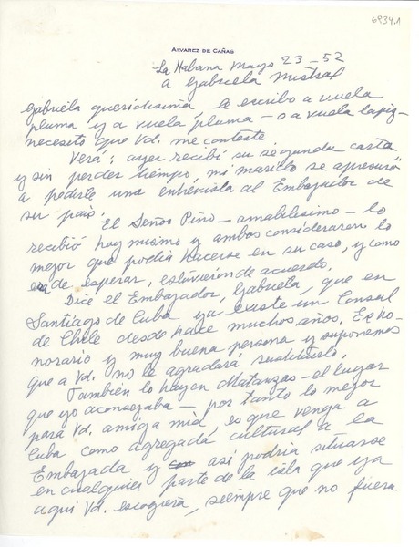 [Carta] 1952 mar. 23, La Habana, [Cuba] [a] Gabriela Mistral