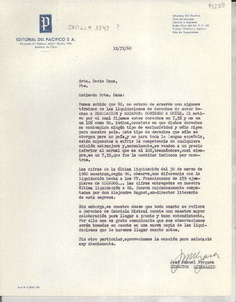 [Carta] 1960 abr. 12, [Santiago de Chile] [a] Srta. Doris Dana