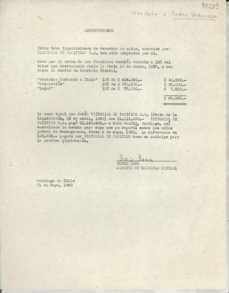 [Carta] 1960 mayo 31, Santiago de Chile [a] Pedro Undurraga
