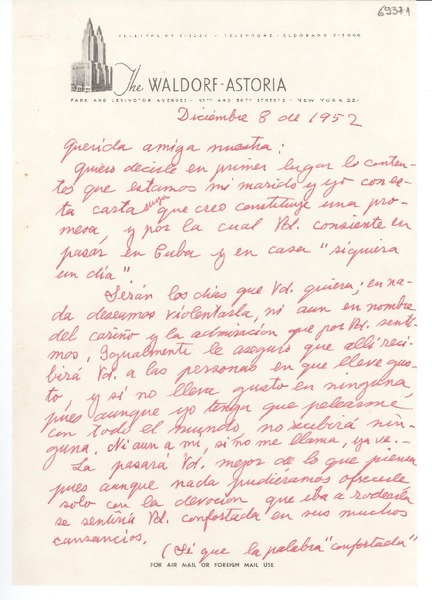 [Carta] 1952 dic. 8, [New York] [a] Gabriela Mistral