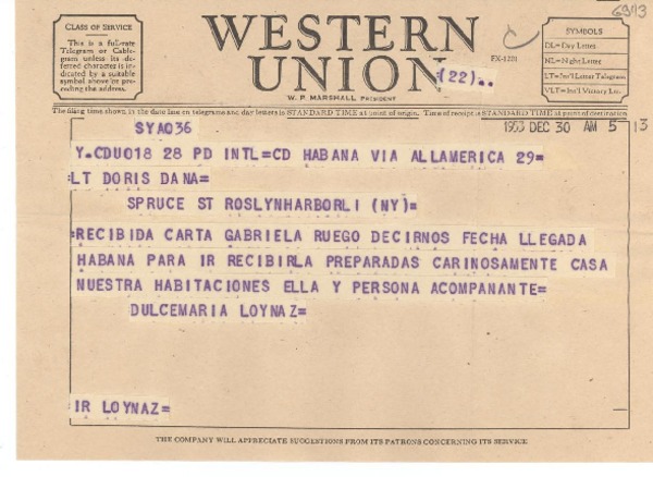 [Telegrama] 1953 Dec. 30, La Habana [Cuba] [a] Doris Dana, New York