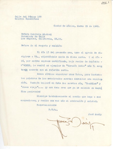 [Carta] 1948 mar. 29, Ciudad de México [a] Gabriela Mistral, Los Ángeles, California, EE.UU.