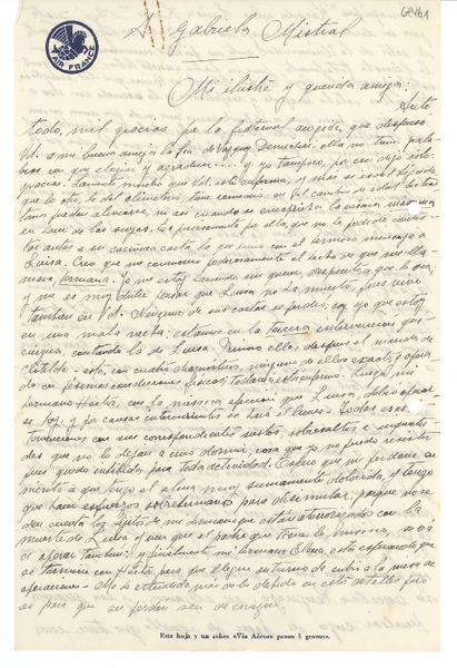 [Carta] 1940 jul. 27, Montevideo, Uruguay [a] Gabriela Mistral
