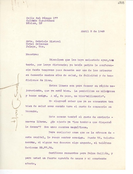 [Carta] 1949 abr. 8, México D. F. [a] Gabriela Mistral, Jalapa