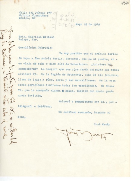 [Carta] 1949 mayo 22, México D. F. [a] Gabriela Mistral, Jalapa