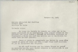 [Carta] 1965 oct. 23, Hack Green Road, Pound Ridge, New York, [Estados Unidos] [a] Gerente Editorial del Pacífico, Santiago de Chile