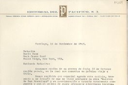 [Carta] 1965 nov. 16, Santiago, [Chile] [a] Señorita Doris Dana, Hack Green Road, Pound Ridge, New York, U.S.A.