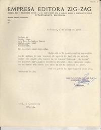[Carta] 1960 abr. 6, Santiago, Chile [a la] Señorita Doris Dana