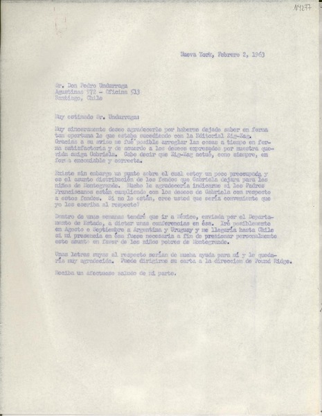 [Carta] 1963 feb. 2, Nueva York, [EE.UU.] [al] Sr. Don Pedro Undurraga, Agustinas 972 - Oficina 513, Santiago, Chile