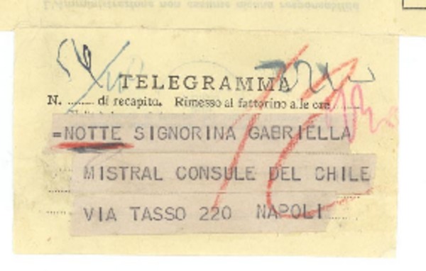 [Telegrama] 1952 oct. 31, Roma [a] Gabriela Mistral, Napoli
