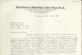 [Carta] 1966 abr. 29, Santiago, Chile [a] Miss Doris Dana, Hack Green Road, Pound Ridge, New York, [EE.UU.]
