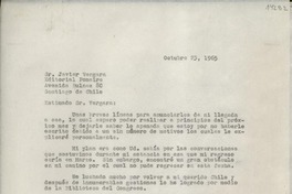 [Carta] 1965 oct. 23, [EE.UU.] [al] Sr. Javier Vergara, Editorial Pomaire, Avenida Bulnes 80, Santiago, Chile