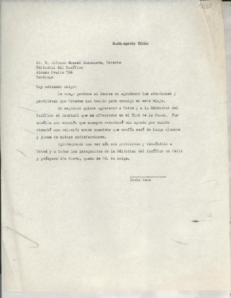 [Carta] [a] Sr. D. Alfonso Rossel Casanueva, Gerente Editorial del Pacífico, Alonso de Ovalle 766, Santiago